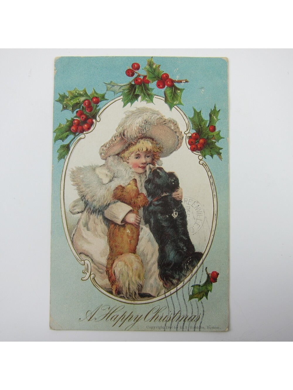 Christmas Postcard Victorian Girl Puppy Dogs Holly Berries Embossed Antique 1907